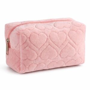 Pink Fuzzy Heart Cosmetic Makeup Bag | Plush Quilted Zip Pouch